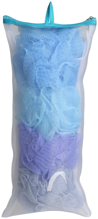 Thumbnail 2: Bliss 4 Pk Exfoliating Mesh Jumbo Pouf Bath Sponges w/ Travel Bag 