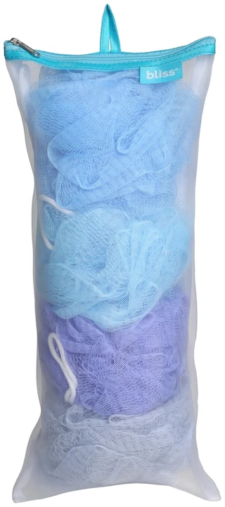 Thumbnail 1: Bliss 4 Pk Exfoliating Mesh Jumbo Pouf Bath Sponges w/ Travel Bag 