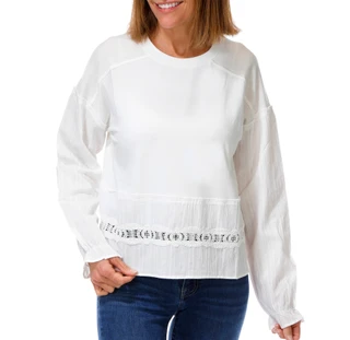 Thumbnail 1: BUNULU Women's Long Sleeve Pullover Top With Crochet Trim 