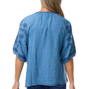 Thumbnail 2: Coral Bay Women's Embroidered Elbow Sleeve Chambray Top 