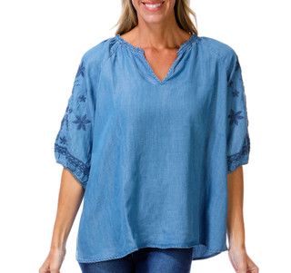 Thumbnail 1: Coral Bay Women's Embroidered Elbow Sleeve Chambray Top 