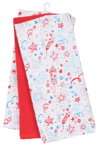 Thumbnail 2: Rockhill Home 3 Pk Americana Fireworks & Solid Kitchen Towels 
