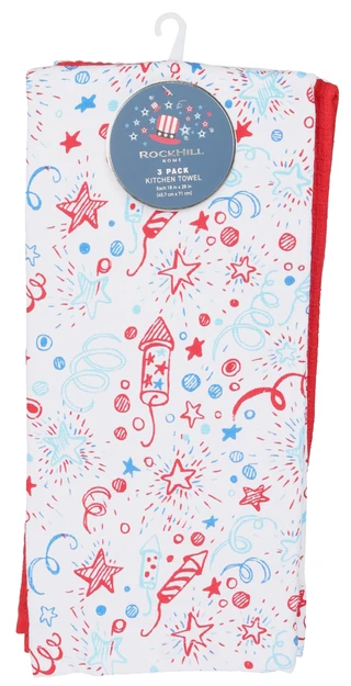 Thumbnail 1: Rockhill Home 3 Pk Americana Fireworks & Solid Kitchen Towels 