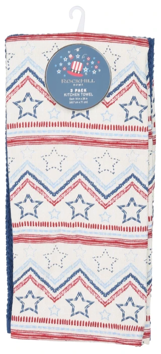 Thumbnail 1: Rockhill Home 3 Pk Americana Stars & Solid Kitchen Towels 