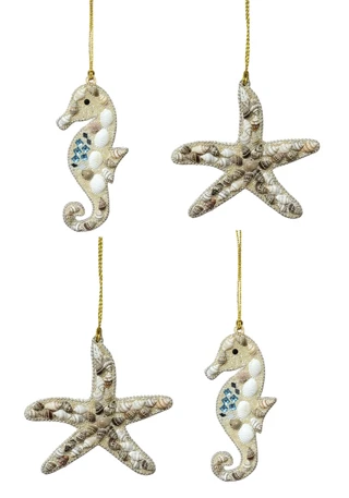 Thumbnail 1: INDIA CONNECTION Beaded Seahorse & Starfish Ornament Set - 4 Piece 