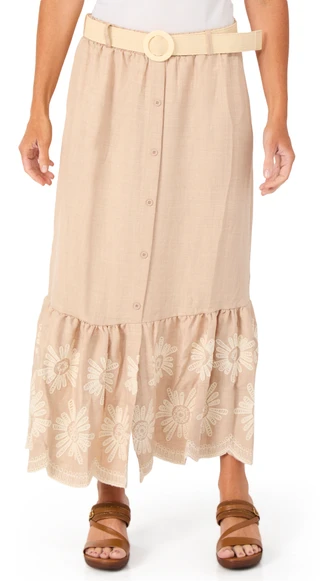 Thumbnail 1: Ana & Rose Women's Belted & Embroidered Hem Skirt w/ Buttons 
