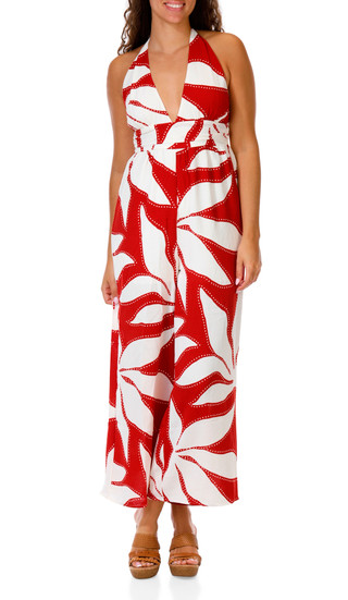 Thumbnail 1: INSPIRED HEARTS Women's Print Halter V-Neck Wide Leg Romper  