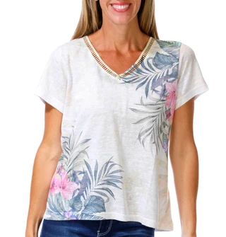 Thumbnail 1: Milano Women's Tropical Floral Embellished V Neck Top 