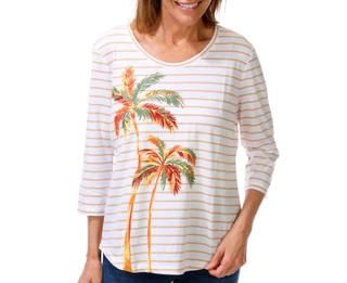 Thumbnail 1: Coral Bay Women's Petite 3/4 Sleeve Striped Palm Print Top 