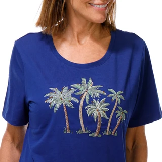 Thumbnail 3: Coral Bay Women's Short Sleeve Palm Print with Rhinestones Top 