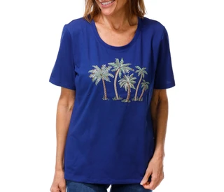 Thumbnail 1: Coral Bay Women's Short Sleeve Palm Print with Rhinestones Top 