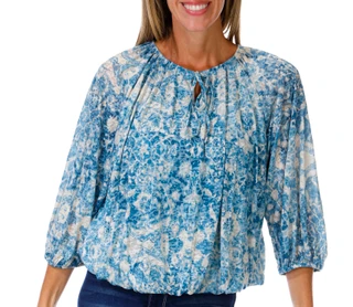 Thumbnail 1: Vera Rose Women's 3/4 Sleeve Floral Front Tie Neck Top 
