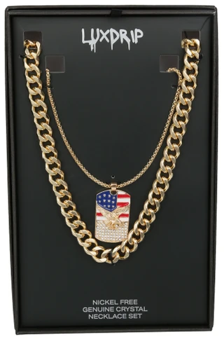 Thumbnail 1: NES GROUP Men's 2 Pc Crystal Flag & Eagle Plus Gold Chain Necklace Set 