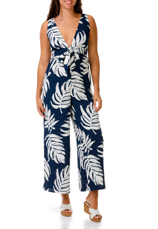 Thumbnail 1: INSPIRED HEARTS Juniors' Sleeveless Tropical Halter Wide Leg Jumpsuit  