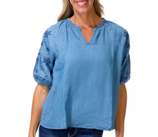 Thumbnail 1: Coral Bay Women's Petite Embroidered Elbow Sleeve Chambray Top 