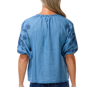 Thumbnail 2: Coral Bay Women's Petite Embroidered Elbow Sleeve Chambray Top 
