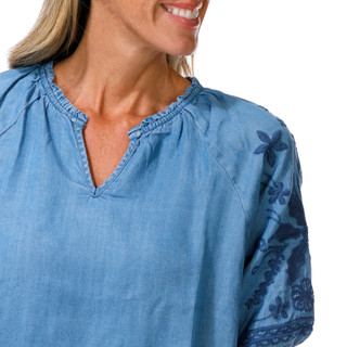 Thumbnail 3: Coral Bay Women's Petite Embroidered Elbow Sleeve Chambray Top 
