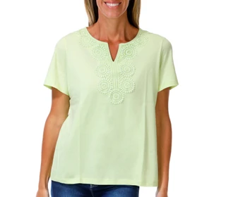 Thumbnail 1: Coral Bay Women's Petite Short Sleeve Crochet Lace Top 