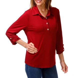 Thumbnail 1: PerSeption Concept Women's 3/4 Sleeve Button Front Collared Top 