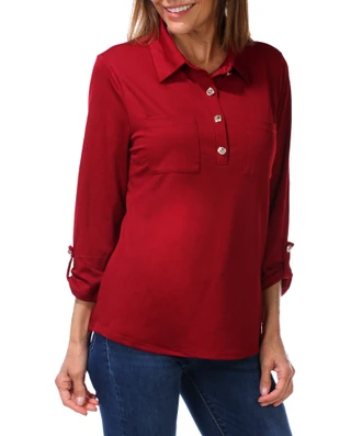 Thumbnail 1: PerSeption Concept Women's 3/4 Sleeve Button Front Collared Top 