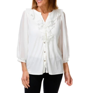Thumbnail 1: PerSeption Concept Women's 3/4 Sleeve Ruffle Front Button Up Top 