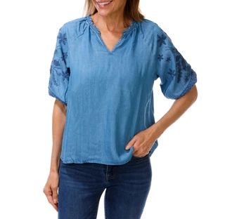 Thumbnail 1: Kate Park Petite Women's Elbow Notch Embroidered Sleeve Top 