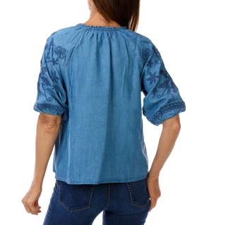 Thumbnail 2: Kate Park Petite Women's Elbow Notch Embroidered Sleeve Top 