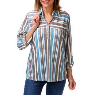 Thumbnail 1: Cure Women's 3/4 Sleeve Striped Henley Top 