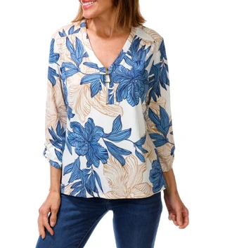 Thumbnail 1: PerSeption Concept Women's 3/4 Sleeve Floral V Neck Top 