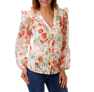 Thumbnail 1: Kate and Lily Women's Printed V-Neck Button Front Blouse 