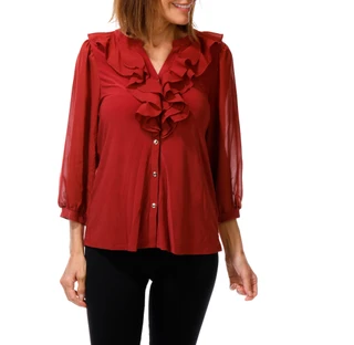 Thumbnail 1: PerSeption Concept Women's 3/4 Sleeve Ruffle Front Button Up Top 