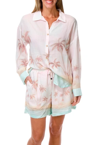 Thumbnail 3: Taelynn Women's Long Sleeve Palm Tree Print Button Up Top 