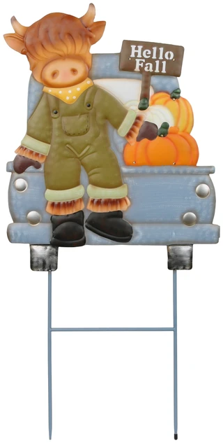 Thumbnail 3: Autumn Gatherings 32" LED Highland Cow Pumpkin Truck Yard Stake 