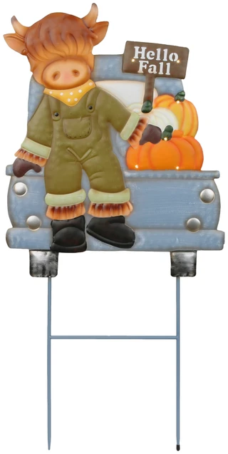 Thumbnail 1: Autumn Gatherings 32" LED Highland Cow Pumpkin Truck Yard Stake 