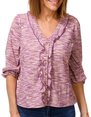 Thumbnail 1: Coral Bay Women's Petite 3/4 Sleeve Space Ruffle Front Knit Top  