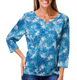 Thumbnail 1: Hearts of Palm Women's 3/4 Sleeve Printed Square Ring Neck Top 