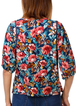 Thumbnail 2: Coral Bay Women's Petite 3/4 Puff Sleeve Floral Knit Top 
