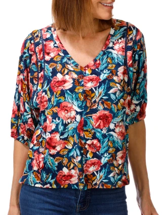 Thumbnail 1: Coral Bay Women's Petite 3/4 Puff Sleeve Floral Knit Top 