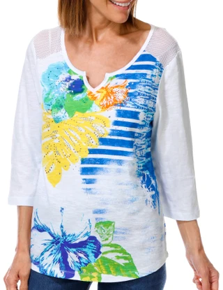 Thumbnail 1: Onque Women's 3/4 Sleeve Print Mesh Top  