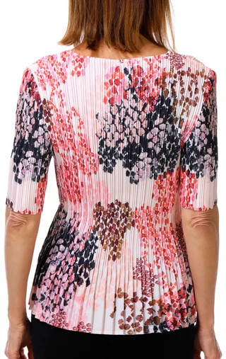 Thumbnail 2: Milano Women's Elbow Sleeve Pleated Crew Neck Print Top 