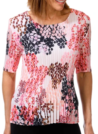 Thumbnail 1: Milano Women's Elbow Sleeve Pleated Crew Neck Print Top 