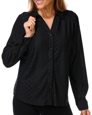Thumbnail 1: Adrianna Papell Women's Long Sleeve Pointelle Button Up Top 