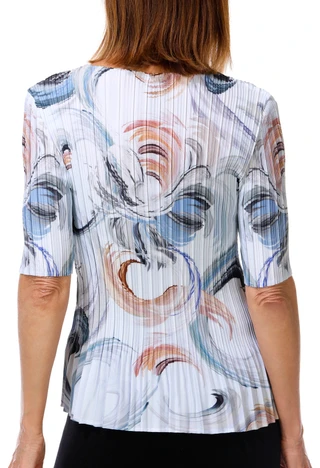 Thumbnail 2: Milano Women's Elbow Length Sleeve Pleated Crew Neck Print Top 