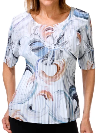 Thumbnail 1: Milano Women's Elbow Length Sleeve Pleated Crew Neck Print Top 
