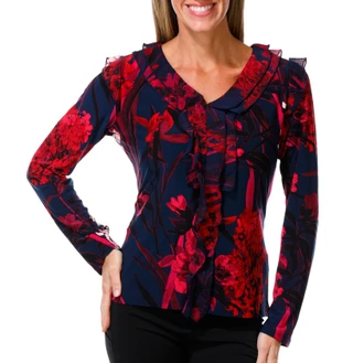 Thumbnail 1: Tommy Hilfiger Women's Long Sleeve Floral Ruffle V Neck Top 