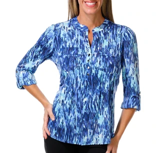 Thumbnail 1: Cocomo Women's Petite 3/4 Sleeve Printed Split Neck Top 