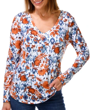 Thumbnail 1: Blue Sol Women's Long Sleeve V-Neck Floral Luxey Tee 