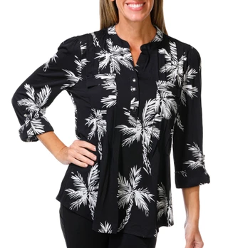 Thumbnail 1: Cocomo Women's 3/4 Sleeve Palm Print Split Neck Top 
