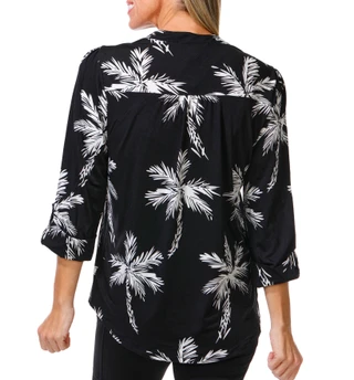 Thumbnail 2: Cocomo Women's 3/4 Sleeve Palm Print Split Neck Top 