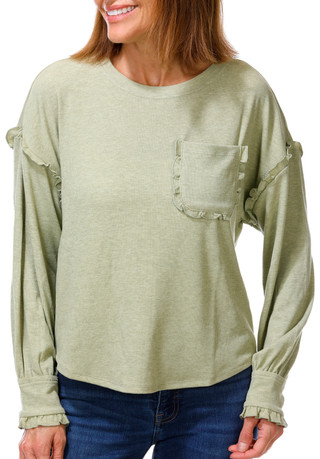 Thumbnail 1: BUNULU Women's Long Sleeve Ruffle Trim Ribbed Top 